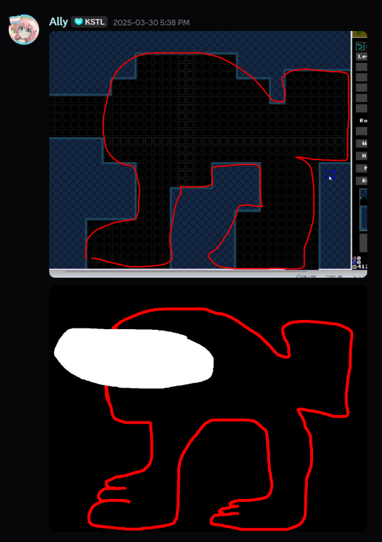 A drawing of a very off-model Among Us crewmate overtop of a room in the level.