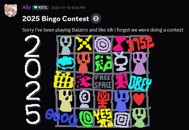 A screenshot of the VVVVVV Discord server's 2025 "Bingo Contest" being announced.
