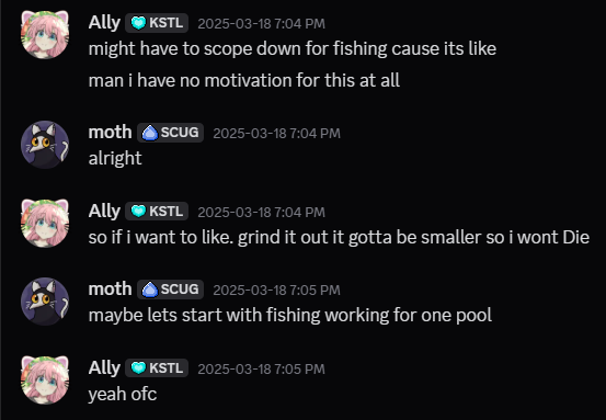 Discord screenshot of me saying we should scope down